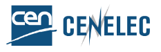 Cen Cenelec-logoet er blåt og hvid. Ordet Cen er understreget og i ordet Cenelec har N form som to lyn