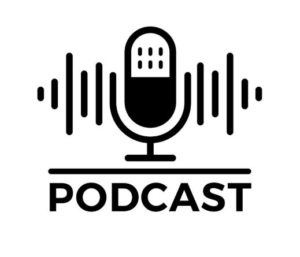 En mikrofon med lydbølger ud af siden oven på ordet "Podcast".
